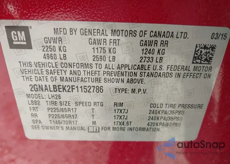 2015 Chevrolet Equinox 1Lt from USA, damaged, VIN 2GNALBEK2F1152786